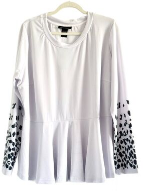 Ashley Stewart White Long Sleeve Peplum Top with Black Leopard Sleeve Accents